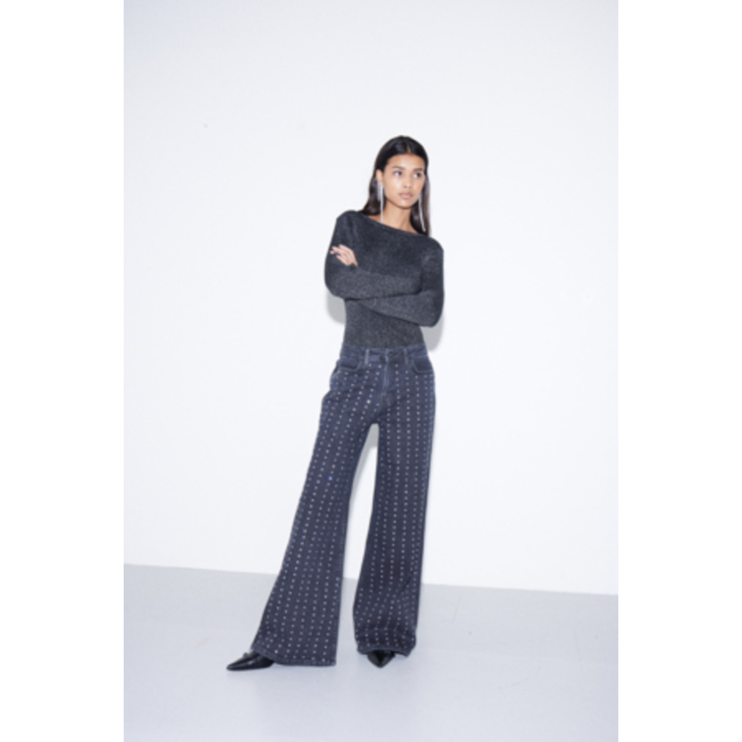 ICHI IHBraidy Sequins Wide Leg Jeans Zwart - Afbeelding 2