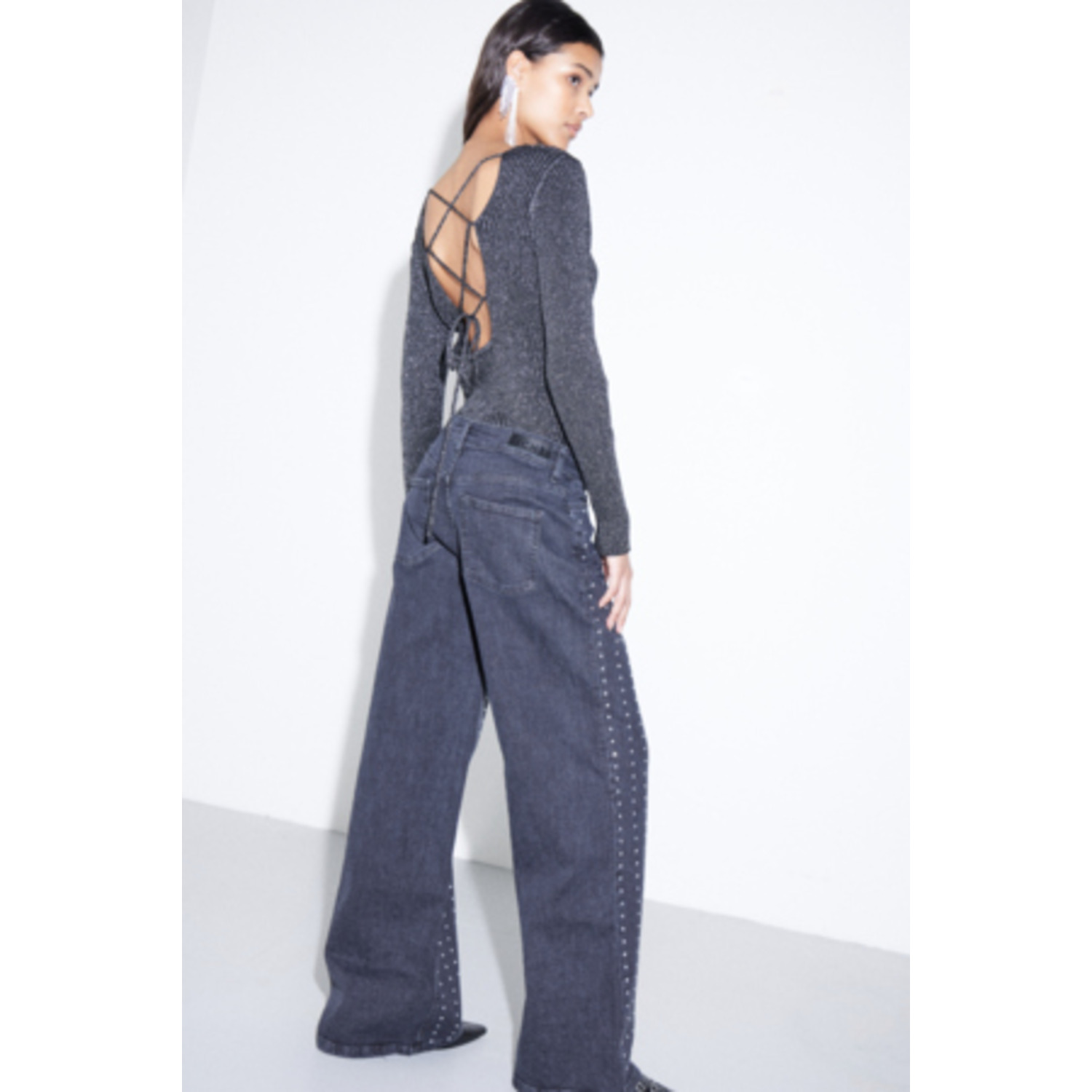 ICHI IHBraidy Sequins Wide Leg Jeans Zwart - Afbeelding 3