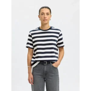 Selected SLWEssential SS Striped Boxy T-SHirt Blauw Wit