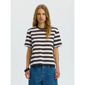Selected Women SLWEssential Striped Boxy T-Shirt Wit Bruin