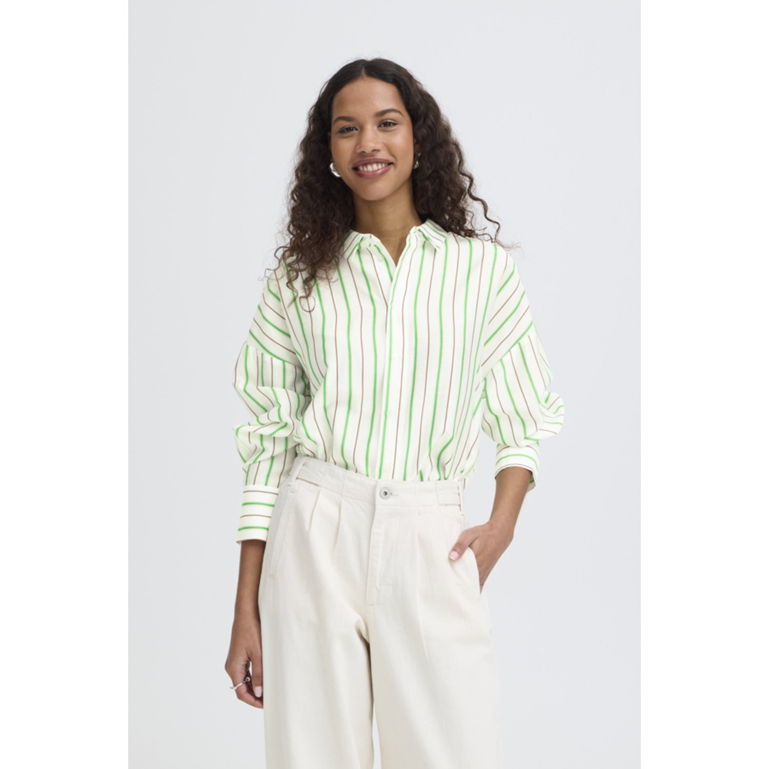 ICHI IHKatya Streep Blouse Groen Bruin Wit - Afbeelding 5