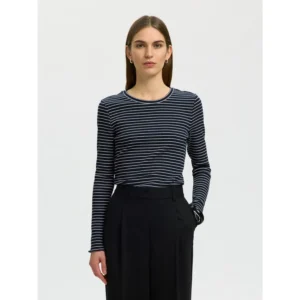 Selected SLWAnna Crew Neck Striped Top Wit Blauw