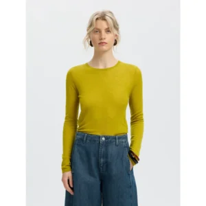 Selected SLWVendy LS Knit Wool O-Neck Top Avocado Oil