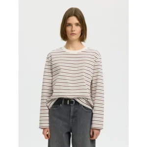 Selected SLWEssential LS Striped Boxy Tee Noos Tawny Port Multi Stripe