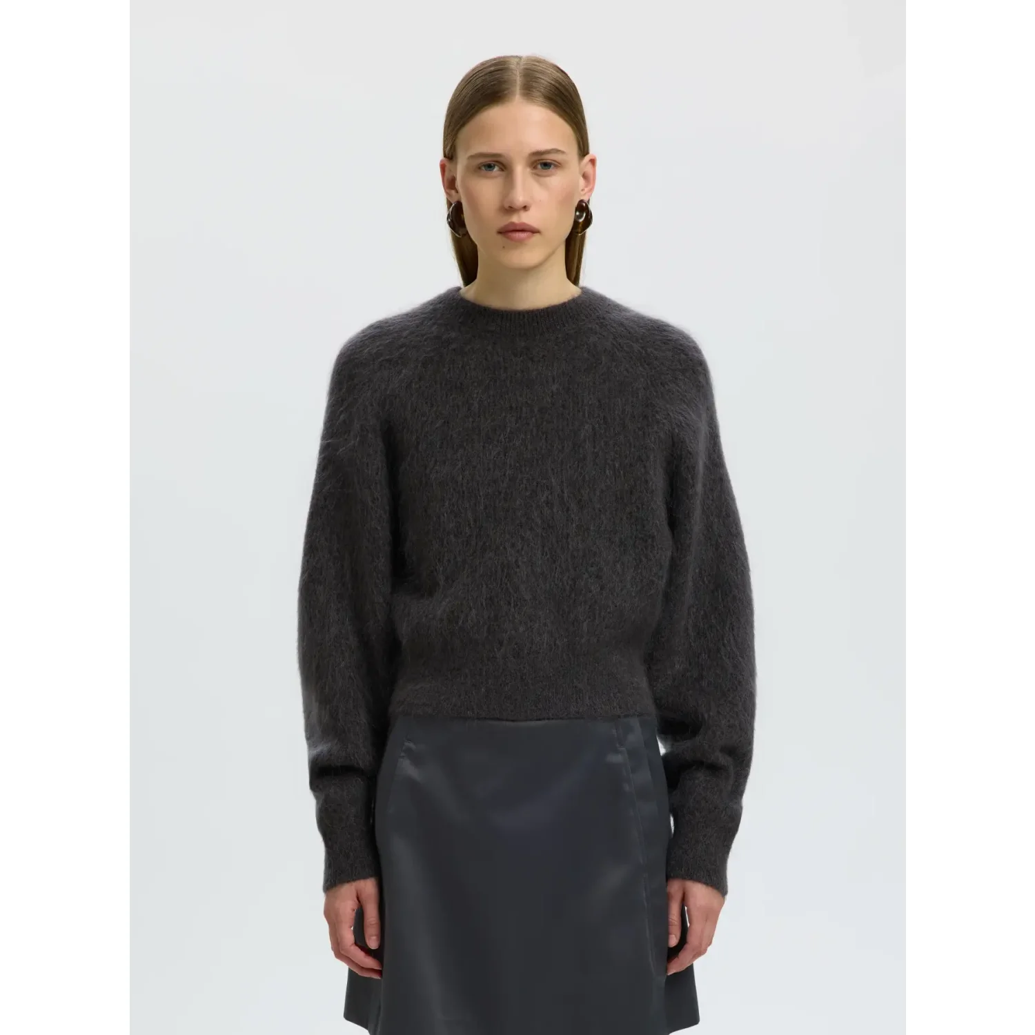Selected SLWMira LS Knit Short O-Neck Noos Trui Asphalt